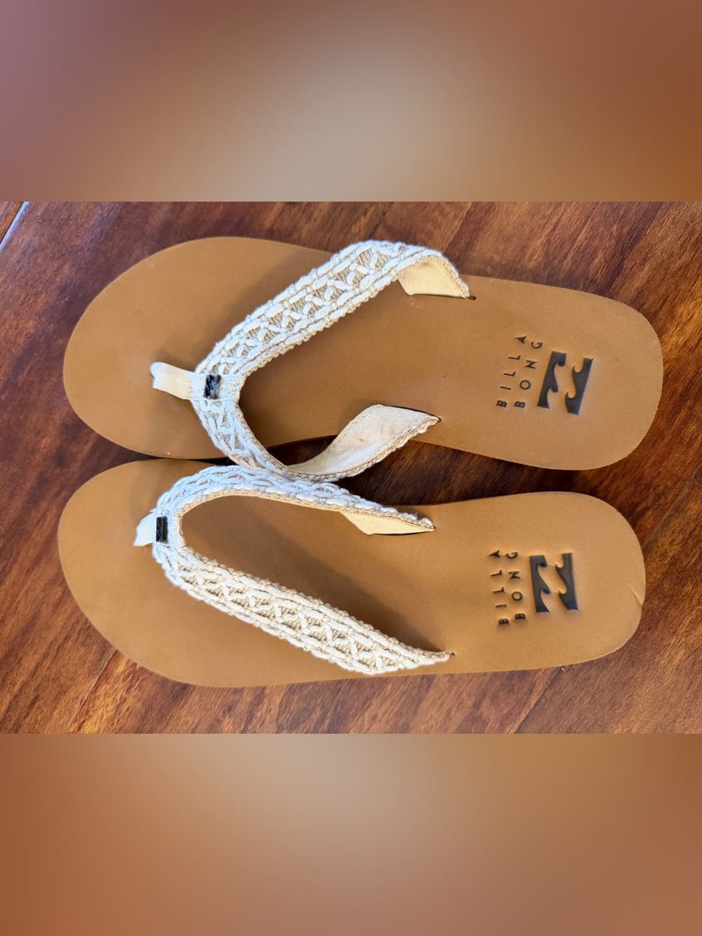 Billabong Tan Footbed Sandals with White Crochet Straps